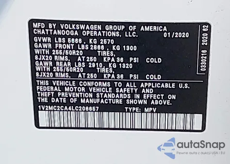 2020 Volkswagen Atlas Cross Sport 2.0T Sel/2.0T Sel Premium/2.0T Sel Premium R-Line/2.0T Sel R-Line z USA, uszkodzony, nr VIN 1V2MC2CA4LC206657